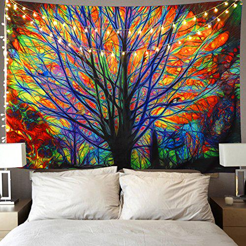 Dreamlike Tree Wall Hangings Tapestry Psychedelic Forest with Birds Wall Tapestry Bohemian Mandala Hippie Tapestry Perfect Decorations for Bedroom Living Room Dorm 229x153cm, Colorful Tree Tapestry
