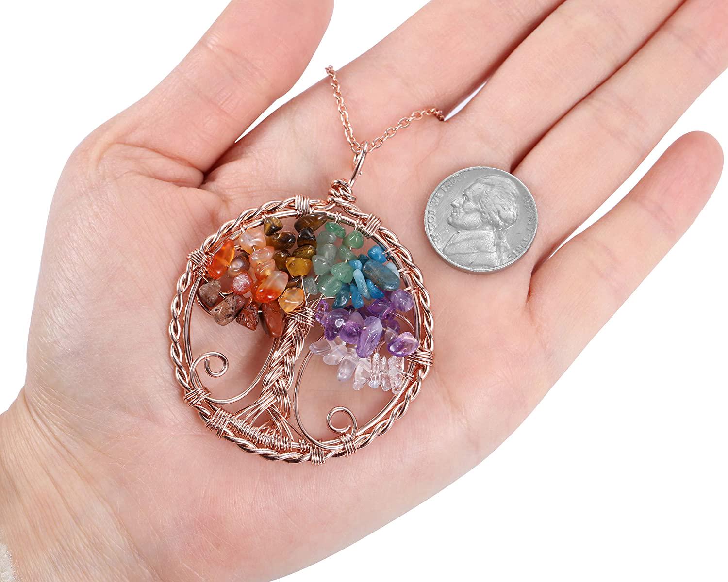 Women Heart Shaped Tree of Life 7 Chakra Clear Natural Quartz Energy Healing Crystal Pendent Necklace 18 Chain 